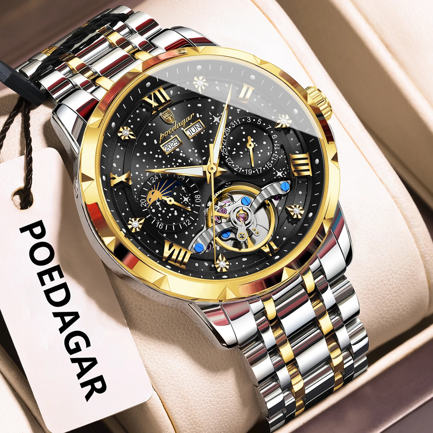 Automatic Skeleton Watch – Tourbillon Style with Roman Numeral Dial & Full Calendar