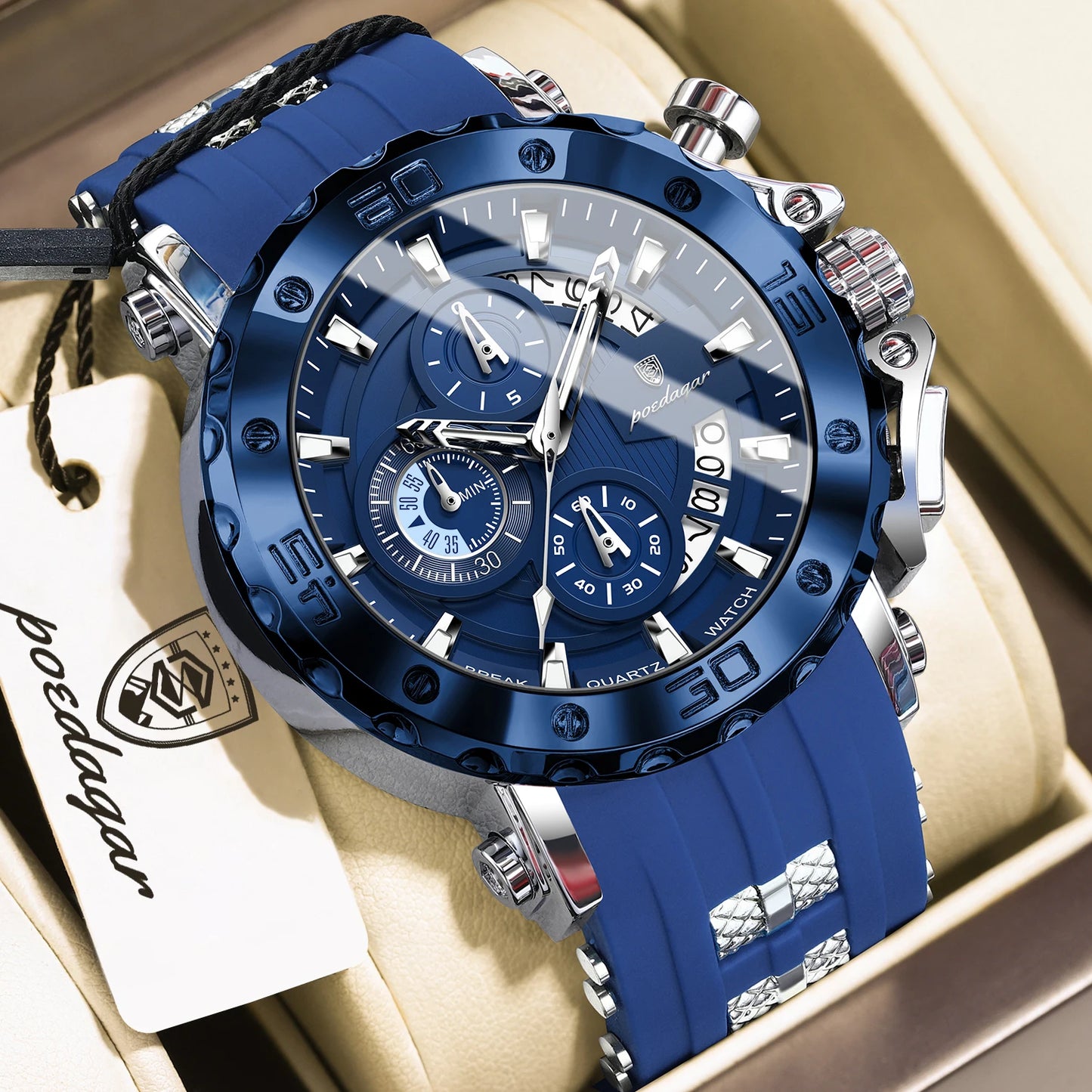 Large Chronograph Sport Watch – Full Calendar with Silicone Strap & Luminous Dial