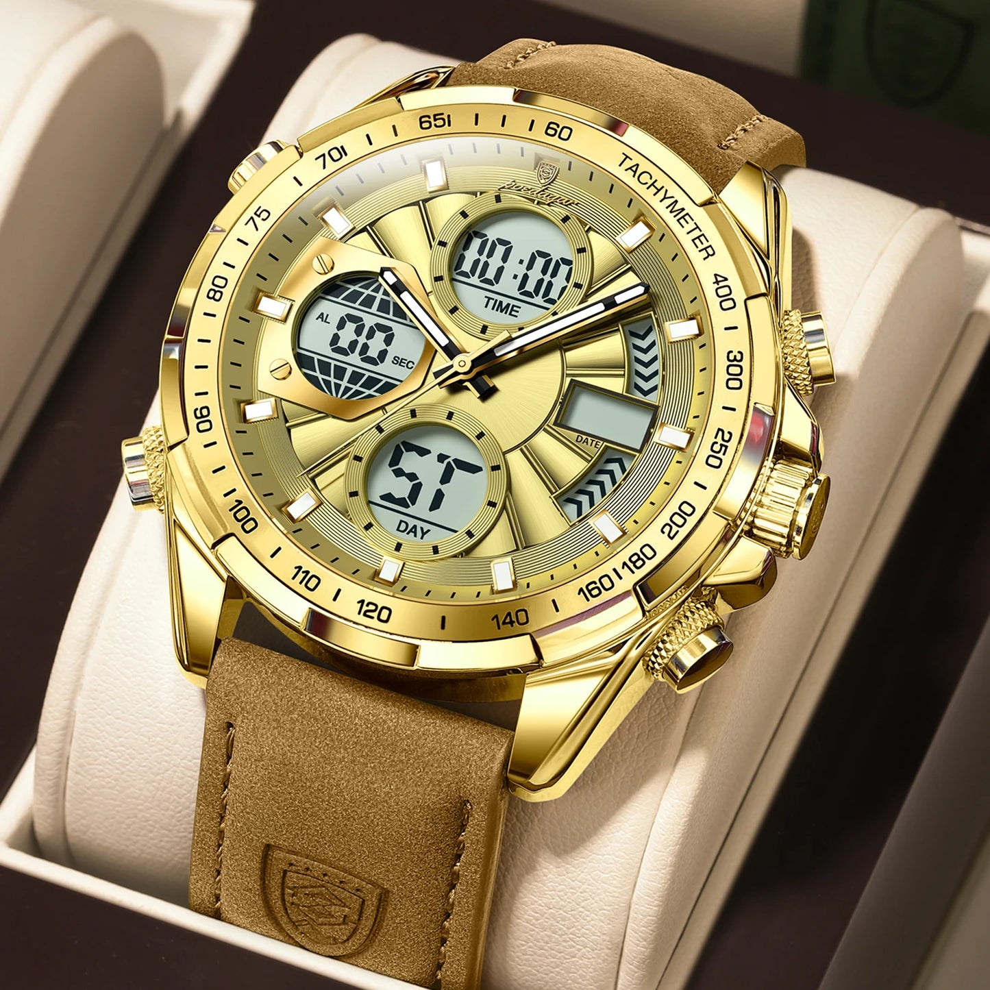 LED Analog-Digital Chronograph Watch – Dual Time & Alarm with Leather Strap