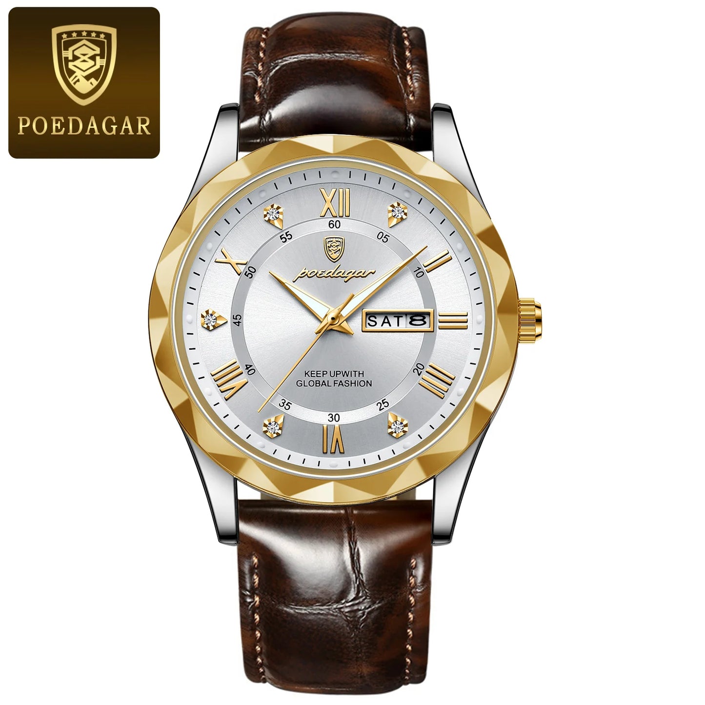 Roman Numeral Full Calendar Watch – Leather Strap with Date, Week & Luminous Dial