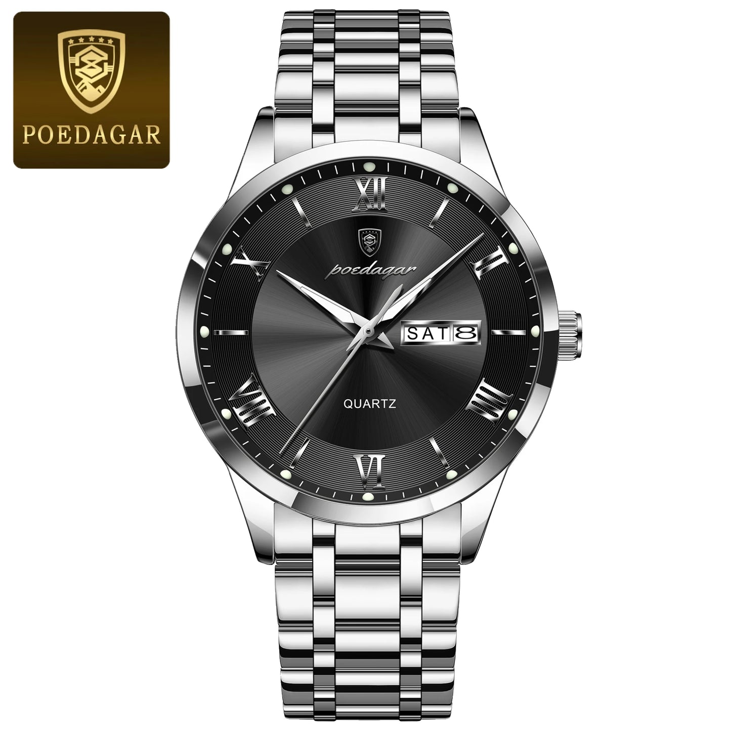 Roman Numeral Full Calendar Watch – Luminous Dial with Hidden Clasp Bracelet