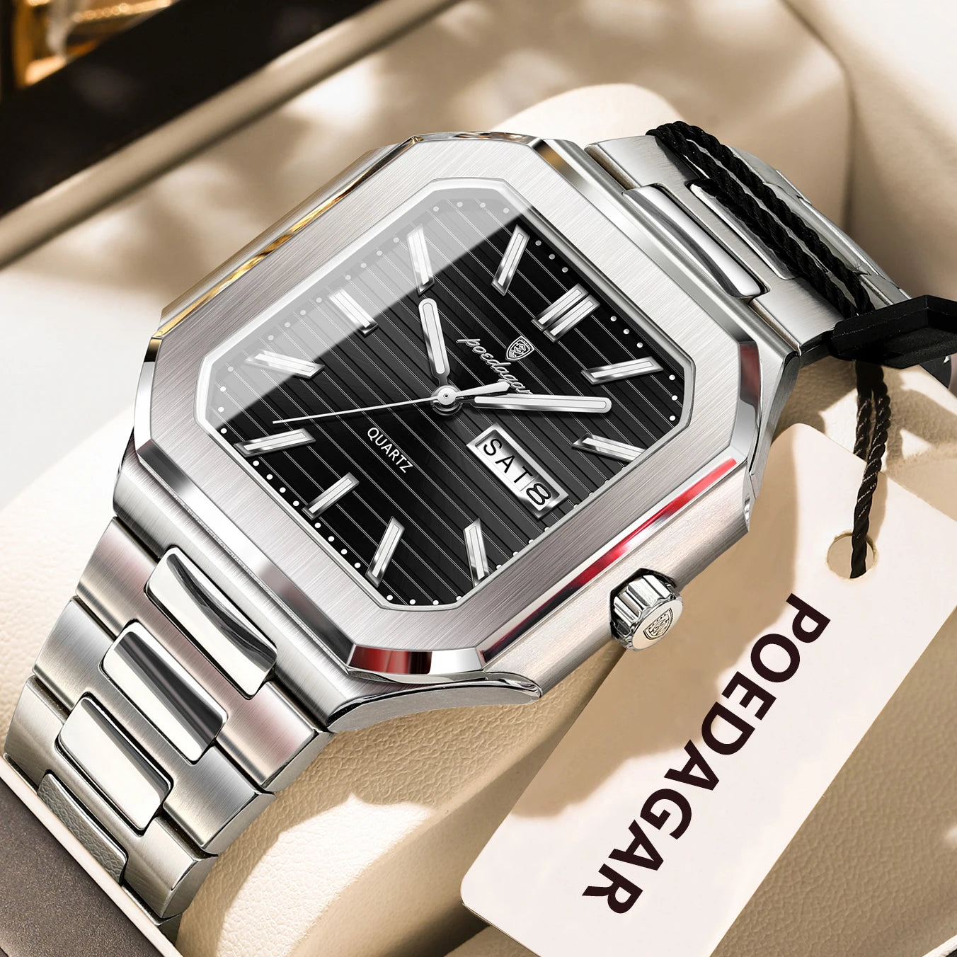 Square Stainless Steel Watch – Luminous Numberless Dial with Hidden Clasp