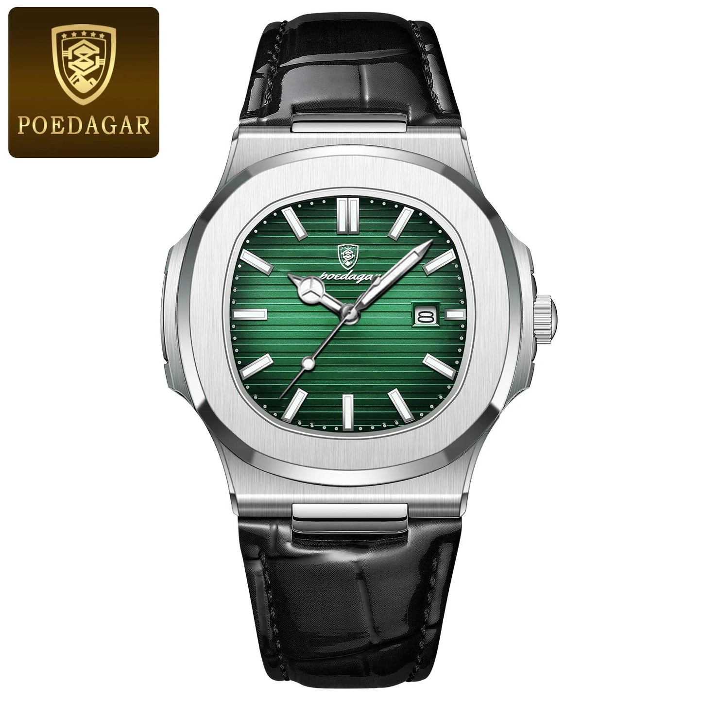 Square Leather Watch – Luminous Dial with Date & Classic Buckle