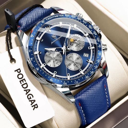 Premium Leather Chronograph Watch – Luminous Dial, Date Display, Quartz Movement