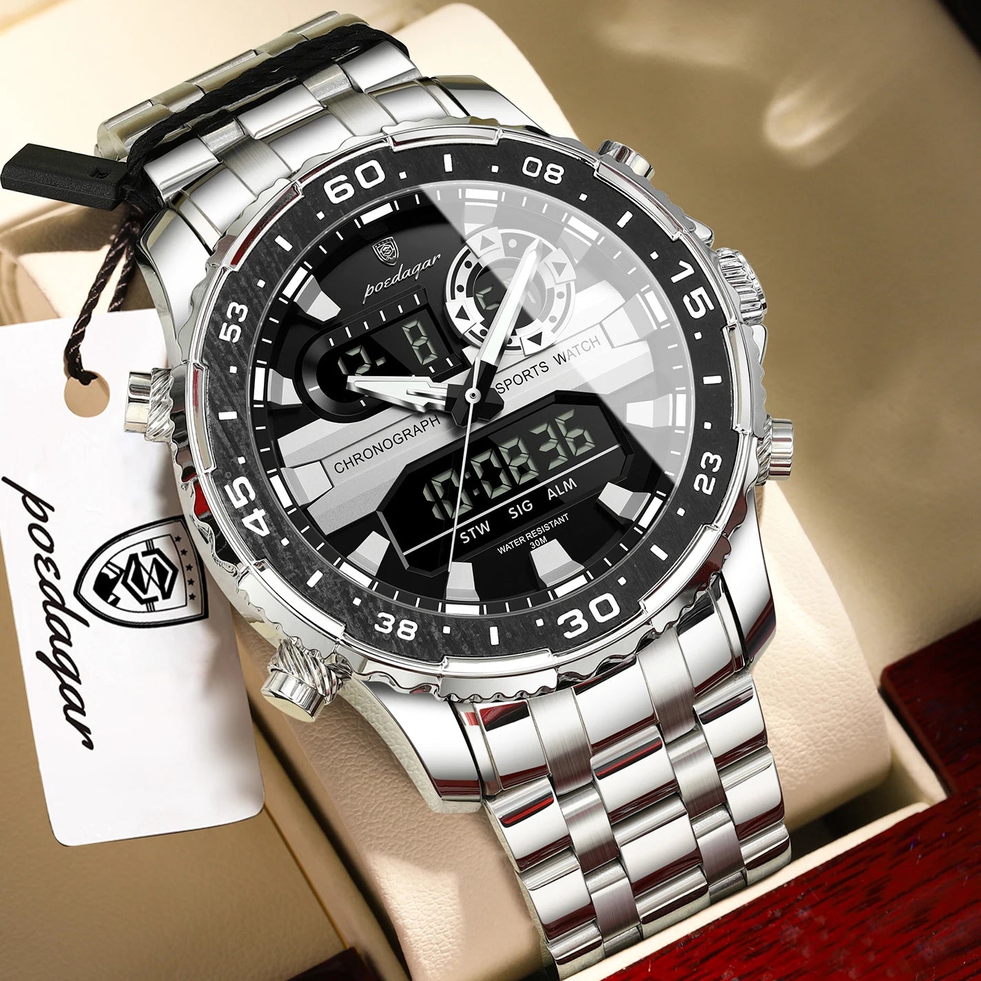 Square Chronograph Watch – Large Numberless Dial with Hidden Clasp Bracelet