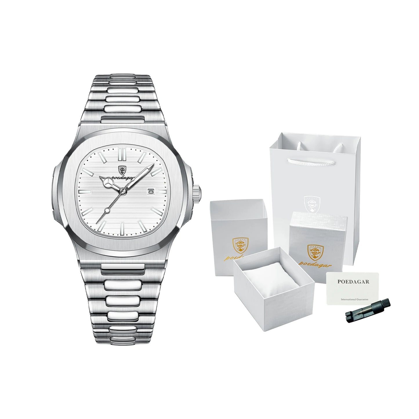 Square Stainless Steel Gift Set – Date Display with Luminous Dial & Hidden Clasp