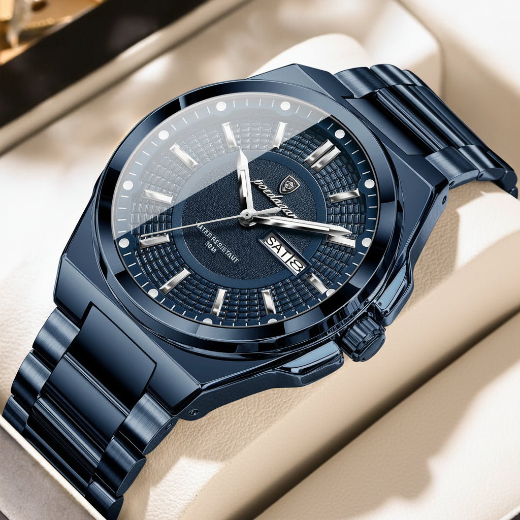Full Calendar Sport Watch – Luminous Dial with Hidden Clasp Bracelet