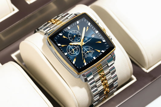 Square Chronograph Watch – Bold Numberless Dial with Hidden Clasp Bracelet