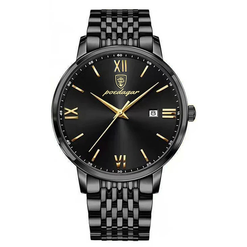 Roman Numeral Full Calendar Watch – Stainless Steel Bracelet with Stopwatch & Safety Clasp