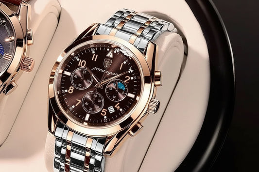 Rose Gold Chronograph Watch – Full Calendar with Arabic Dial & Bracelet