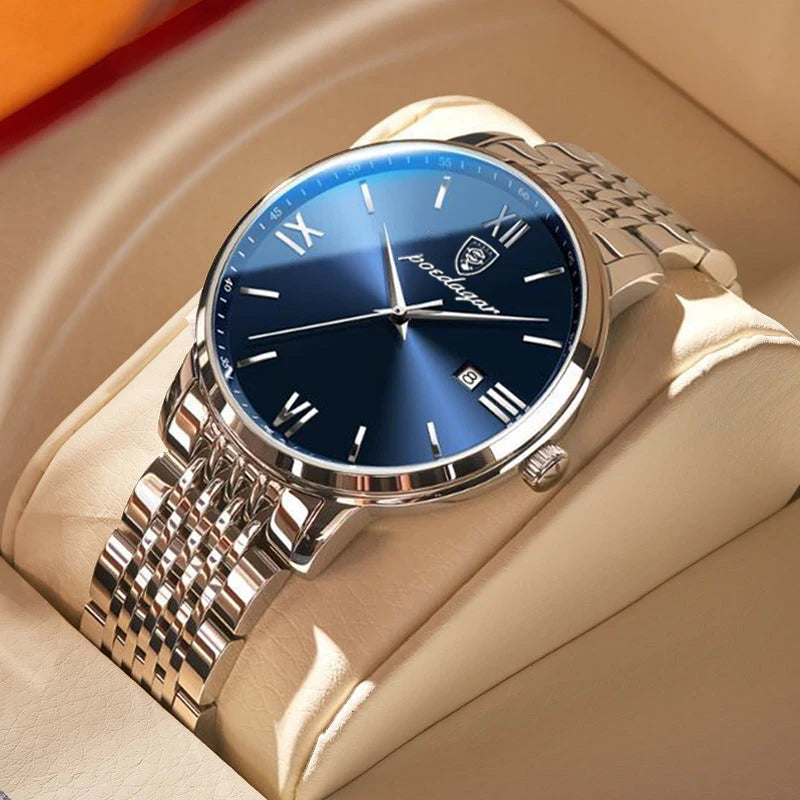 Roman Numeral Full Calendar Watch – Stainless Steel Bracelet with Stopwatch & Safety Clasp