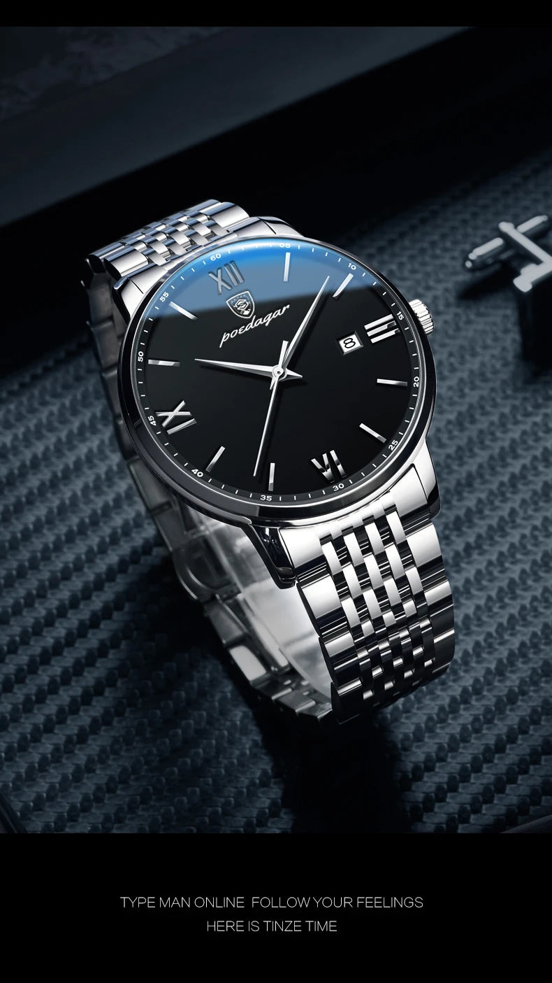 Roman Numeral Full Calendar Watch – Stainless Steel Bracelet with Stopwatch & Safety Clasp