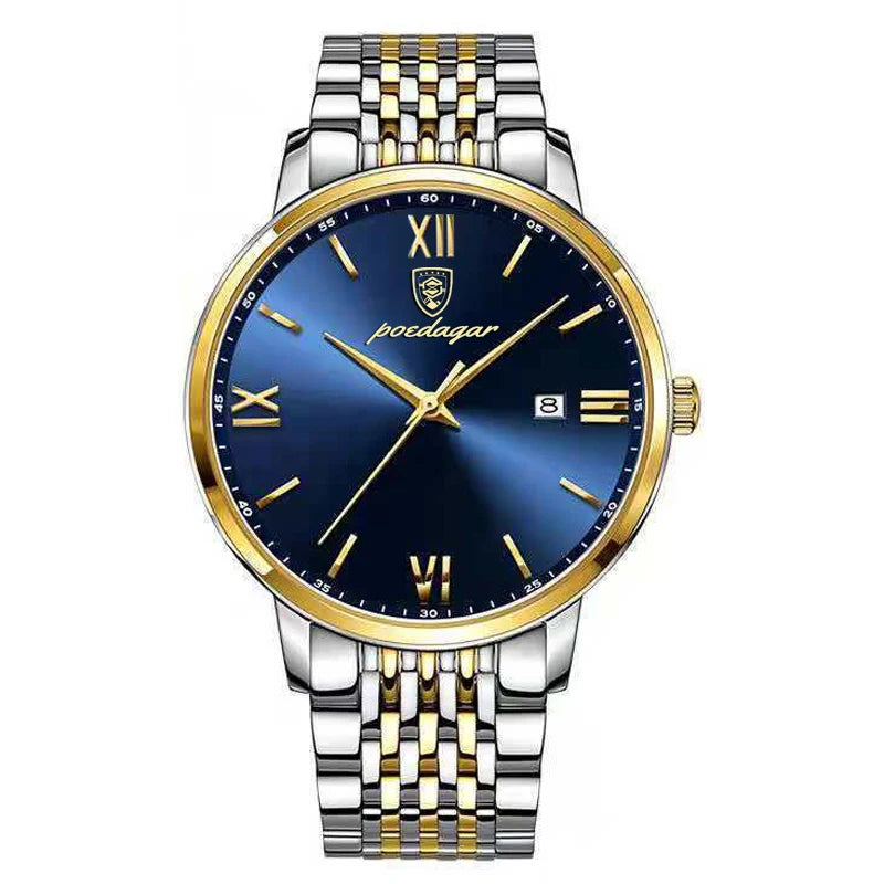 Roman Numeral Full Calendar Watch – Stainless Steel Bracelet with Stopwatch & Safety Clasp