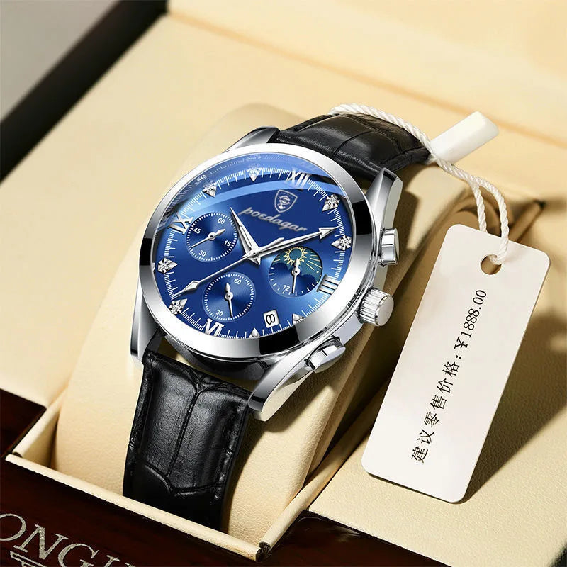 Roman Numeral Leather Watch – Luminous Dial with Full Calendar