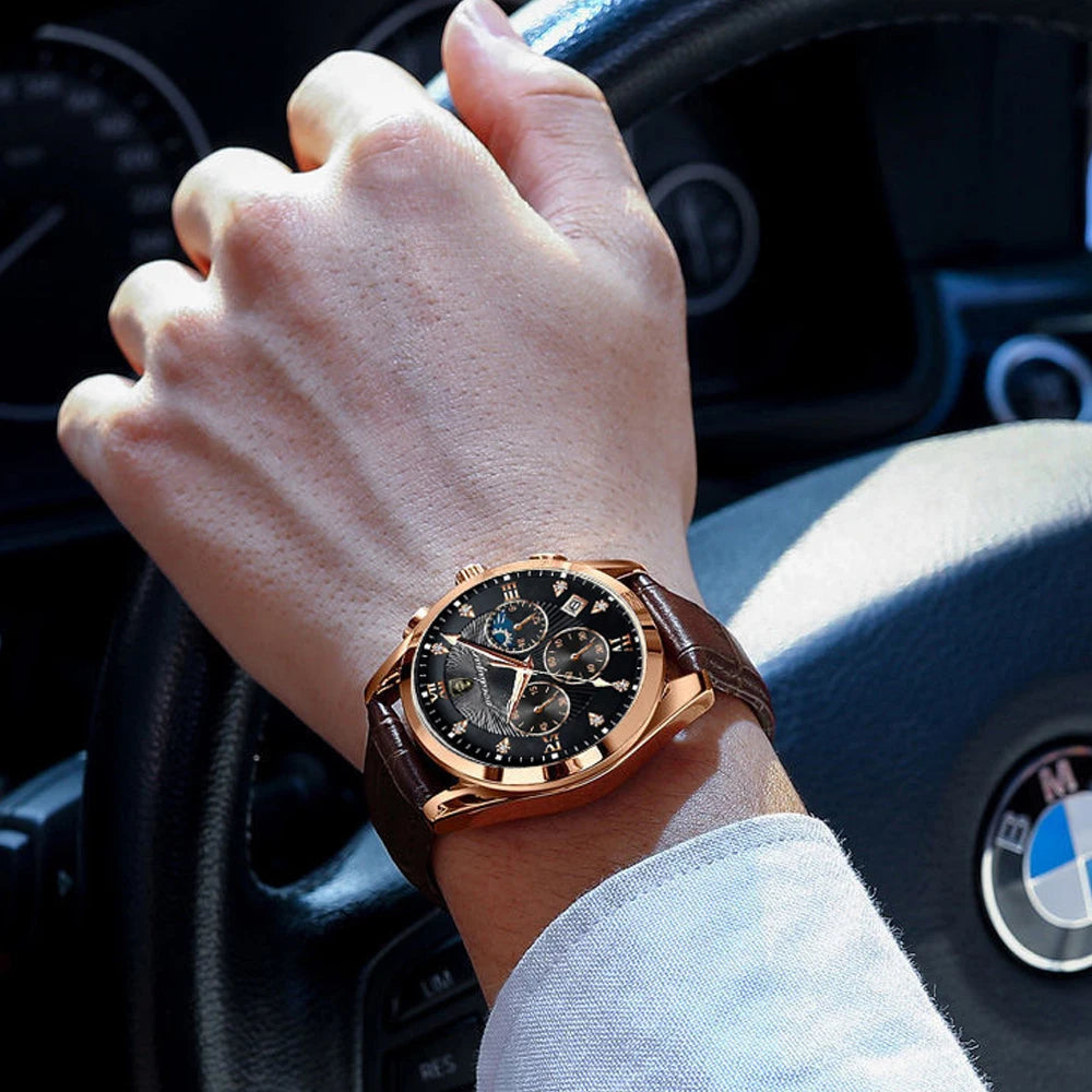 Roman Numeral Leather Watch – Luminous Dial with Full Calendar