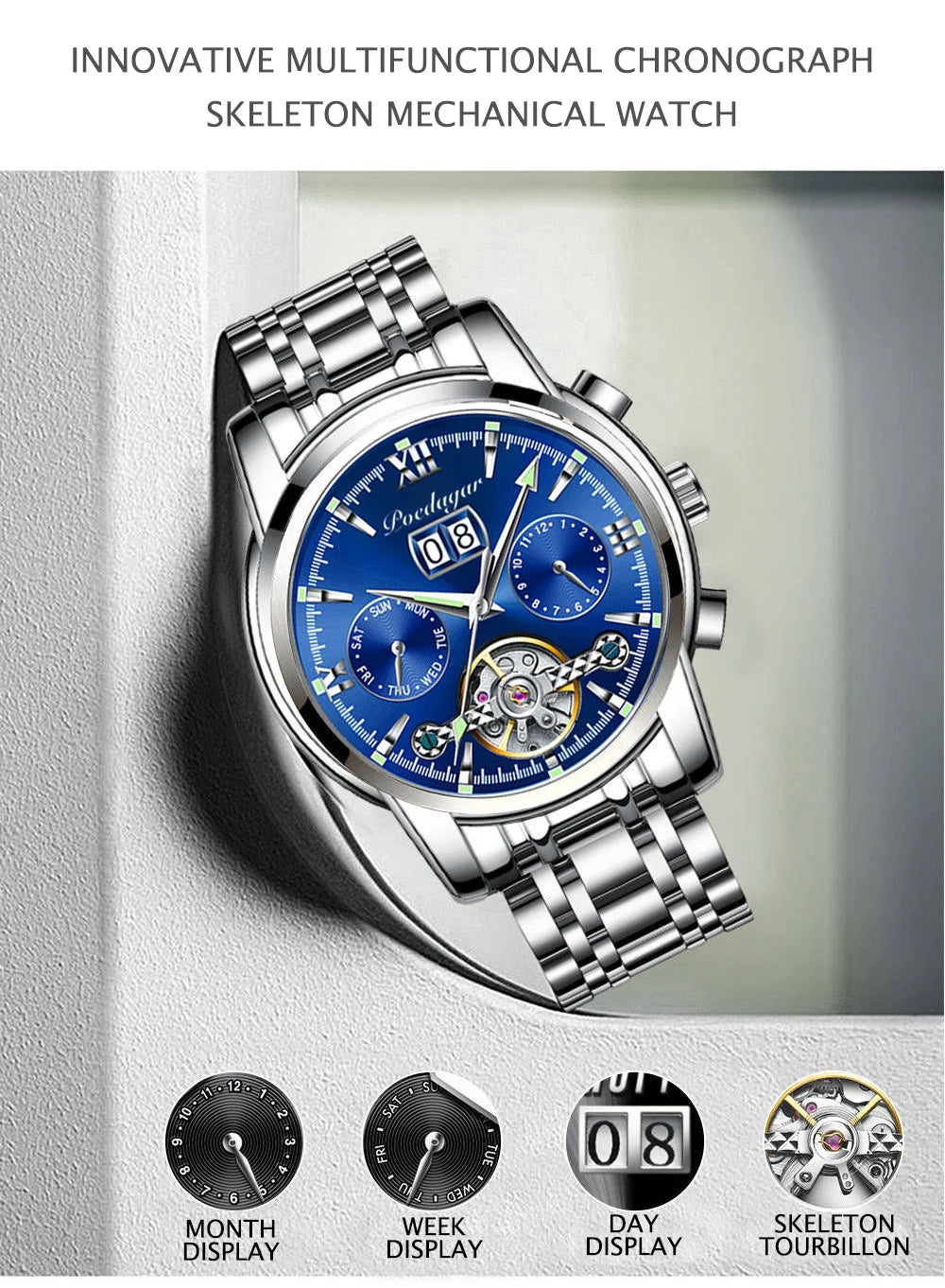 Automatic Tourbillon Style Watch – Chronograph & Full Calendar with Hidden Clasp Bracelet