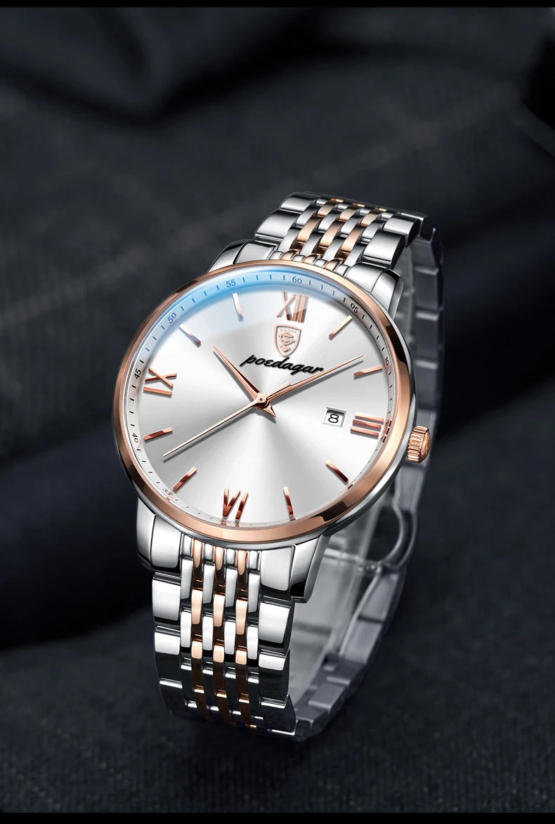 Roman Numeral Full Calendar Watch – Stainless Steel Bracelet with Stopwatch & Safety Clasp