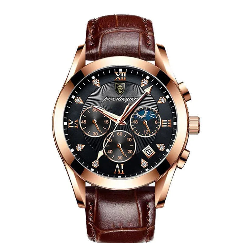 Roman Numeral Leather Watch – Luminous Dial with Full Calendar