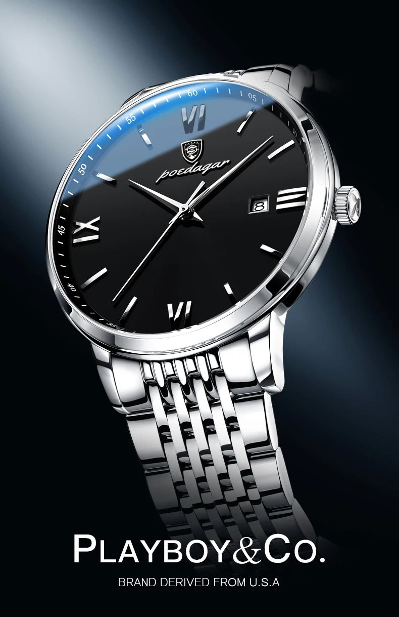 Roman Numeral Full Calendar Watch – Stainless Steel Bracelet with Stopwatch & Safety Clasp