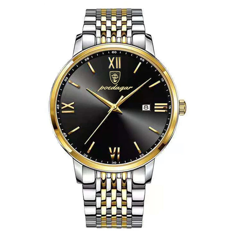 Roman Numeral Full Calendar Watch – Stainless Steel Bracelet with Stopwatch & Safety Clasp