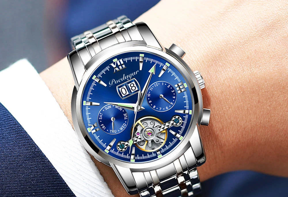 Automatic Tourbillon Style Watch – Chronograph & Full Calendar with Hidden Clasp Bracelet