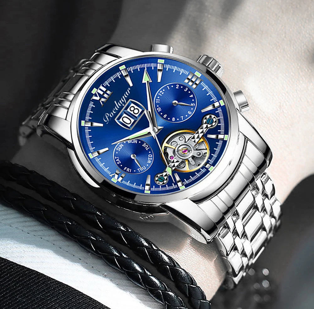 Automatic Tourbillon Style Watch – Chronograph & Full Calendar with Hidden Clasp Bracelet