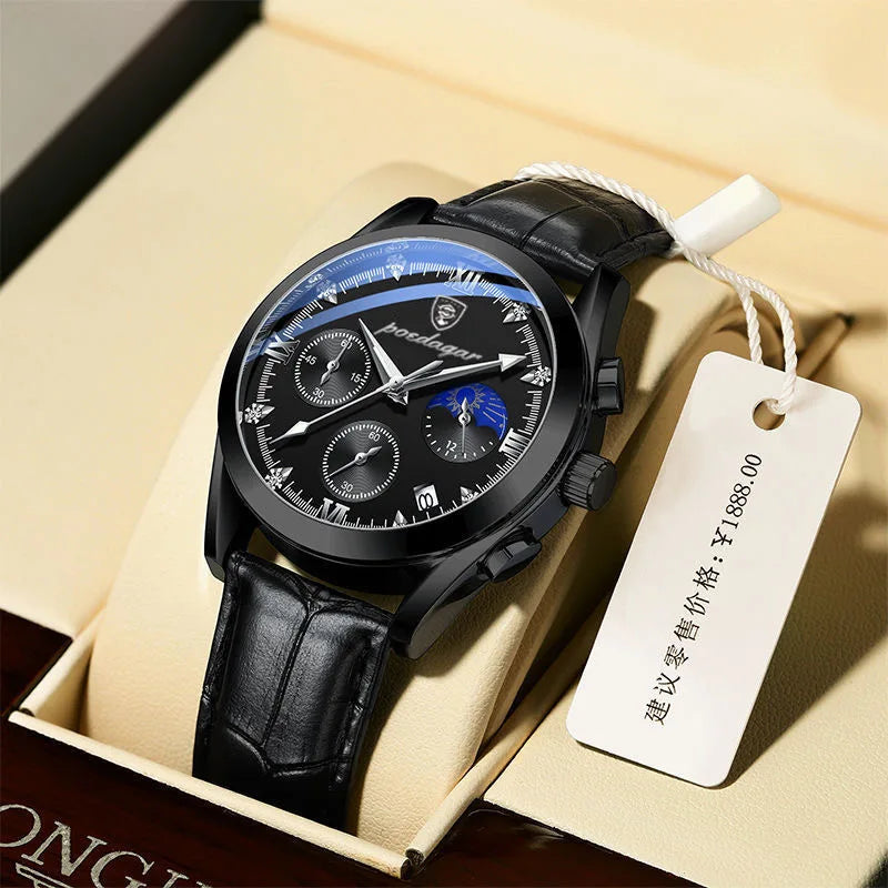 Roman Numeral Leather Watch – Luminous Dial with Full Calendar