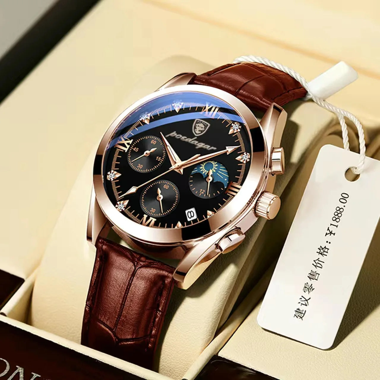 Roman Numeral Leather Watch – Luminous Dial with Full Calendar