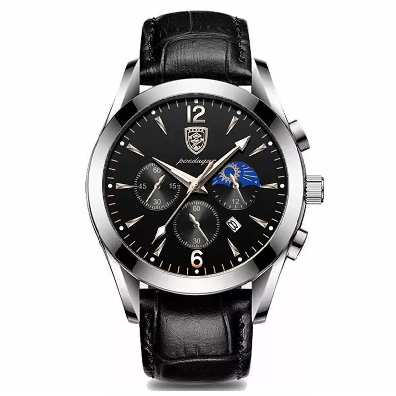 Roman Numeral Leather Watch – Luminous Dial with Full Calendar