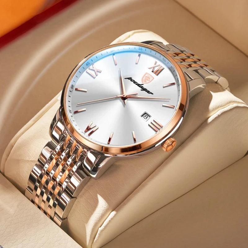 Roman Numeral Full Calendar Watch – Stainless Steel Bracelet with Stopwatch & Safety Clasp