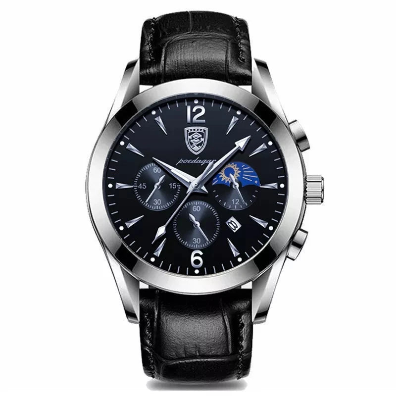 Roman Numeral Leather Watch – Luminous Dial with Full Calendar