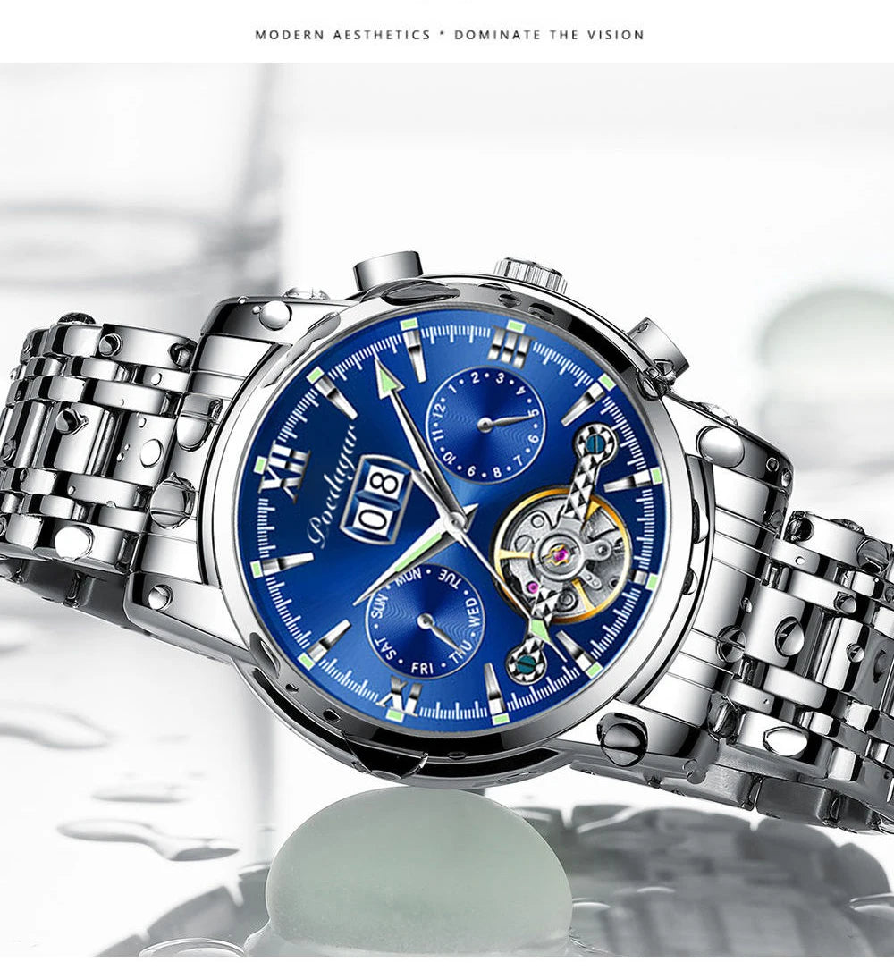 Automatic Tourbillon Style Watch – Chronograph & Full Calendar with Hidden Clasp Bracelet