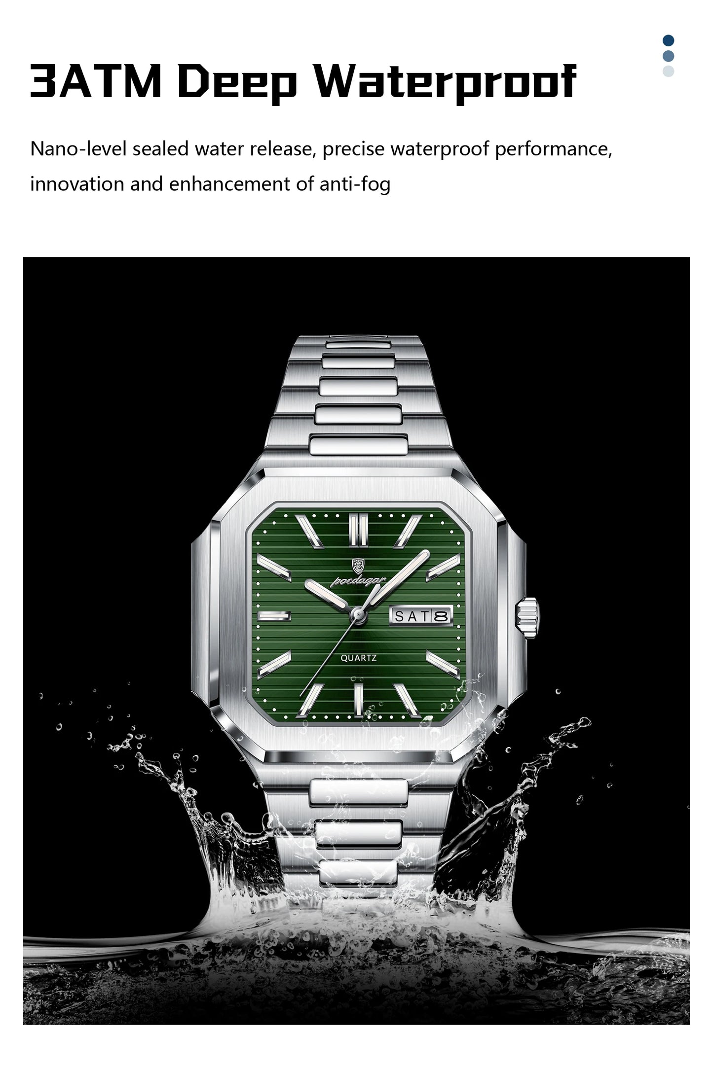 Square Stainless Steel Watch – Luminous Numberless Dial with Hidden Clasp