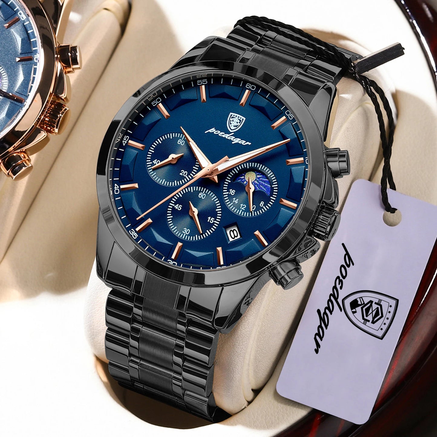 Chronograph Date Watch – Luminous Numberless Dial with Bracelet Clasp