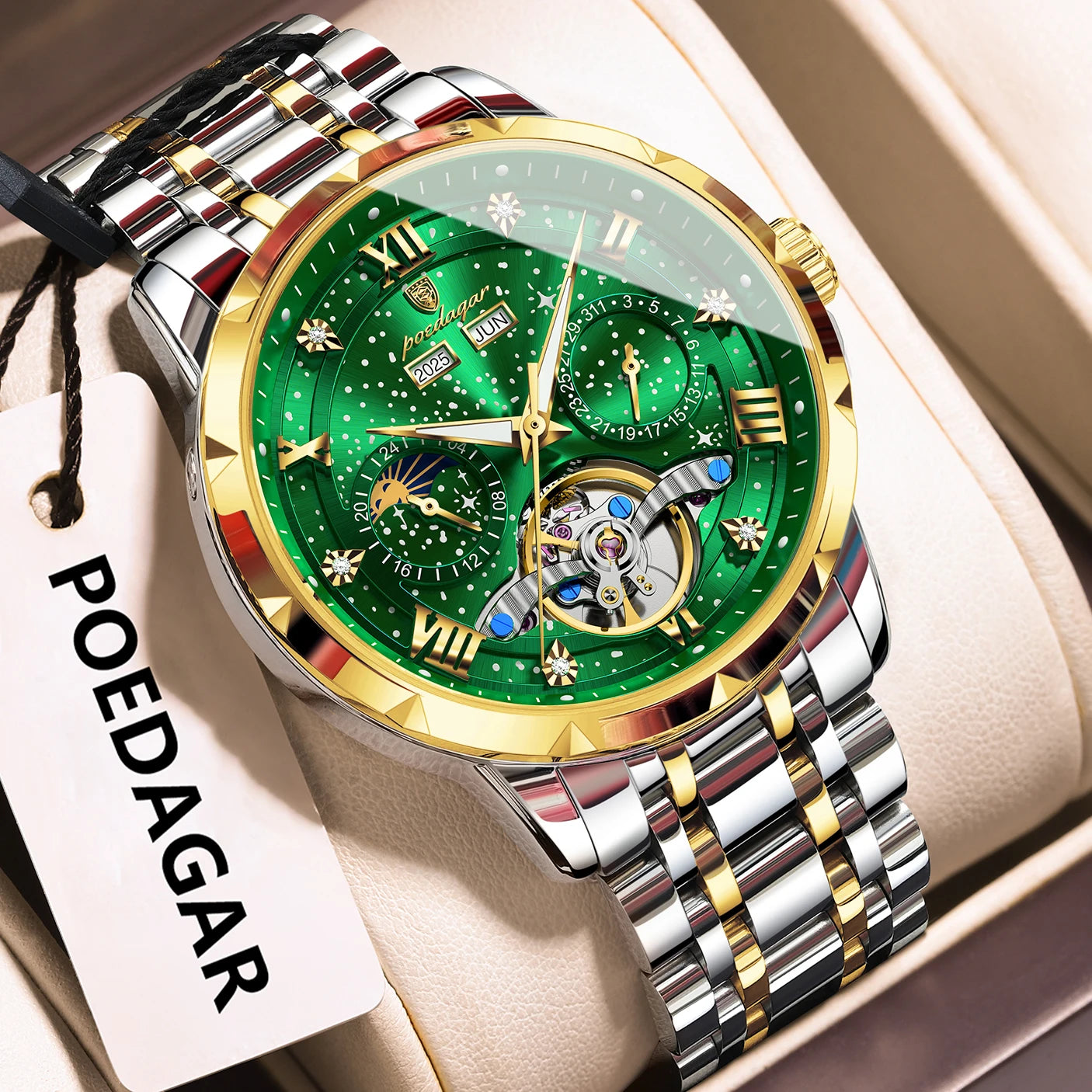 Automatic Skeleton Watch – Tourbillon Style with Roman Numeral Dial & Full Calendar