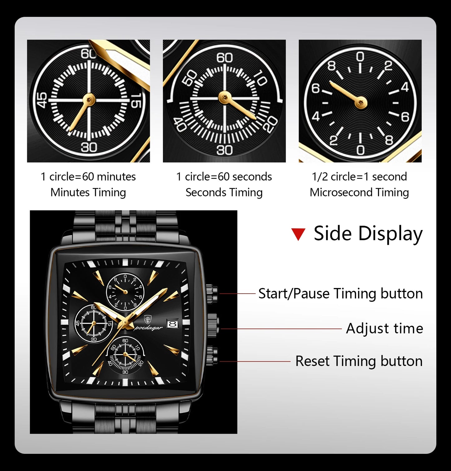 Square Chronograph Watch – Luminous Numberless Dial with Hidden Clasp Bracelet