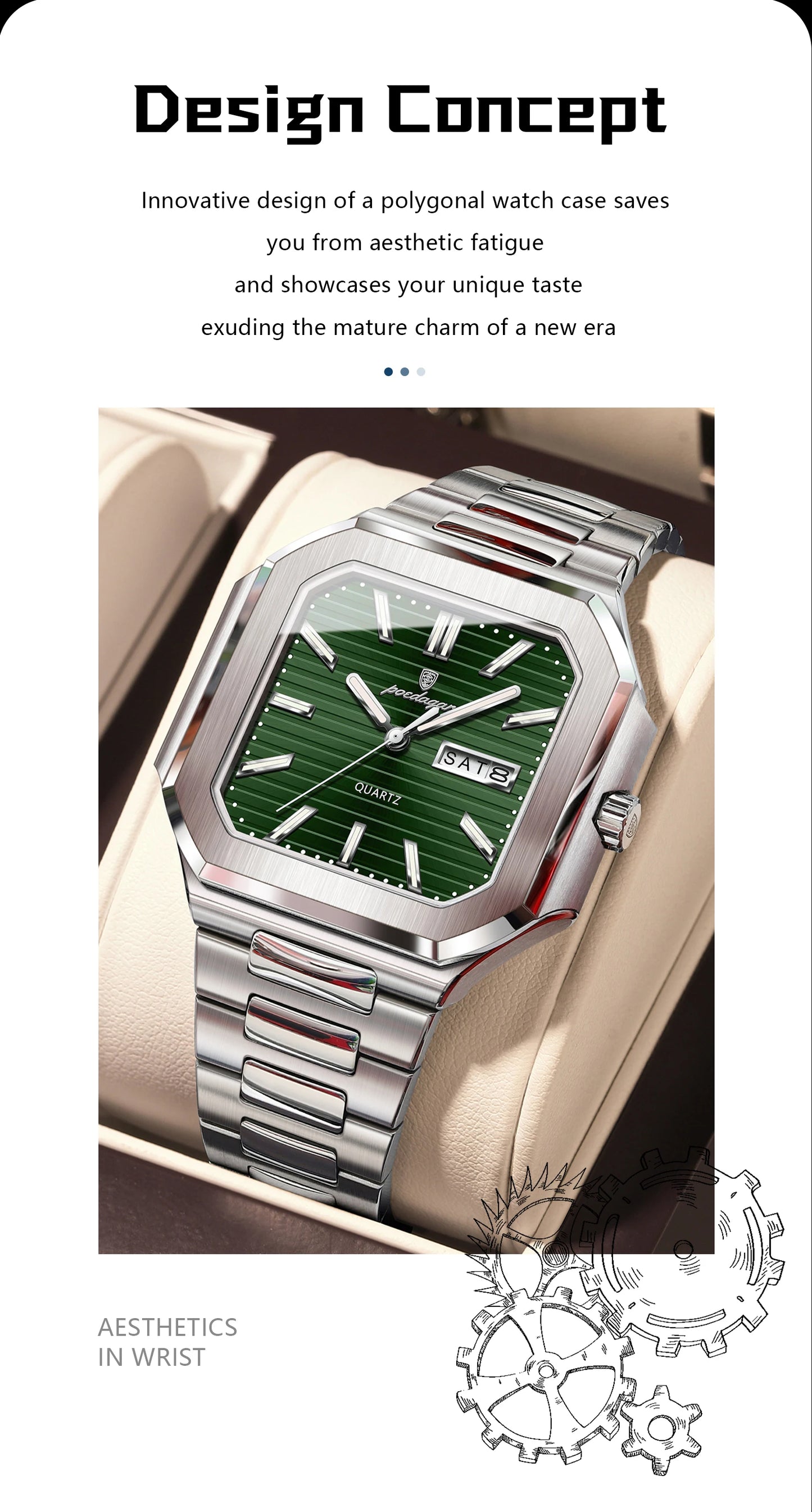Square Stainless Steel Watch – Luminous Numberless Dial with Hidden Clasp