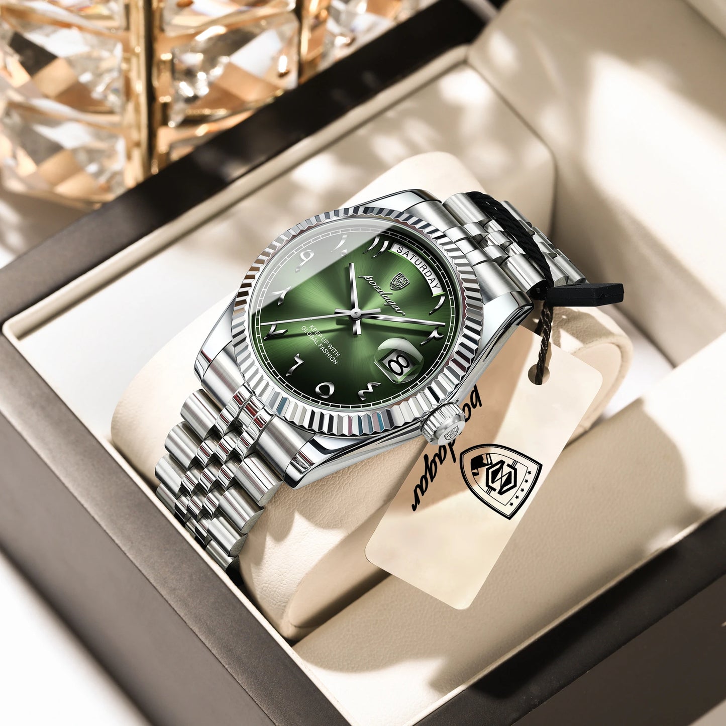 Full Calendar Slim Watch – Date & Week Display with Hidden Clasp Bracelet