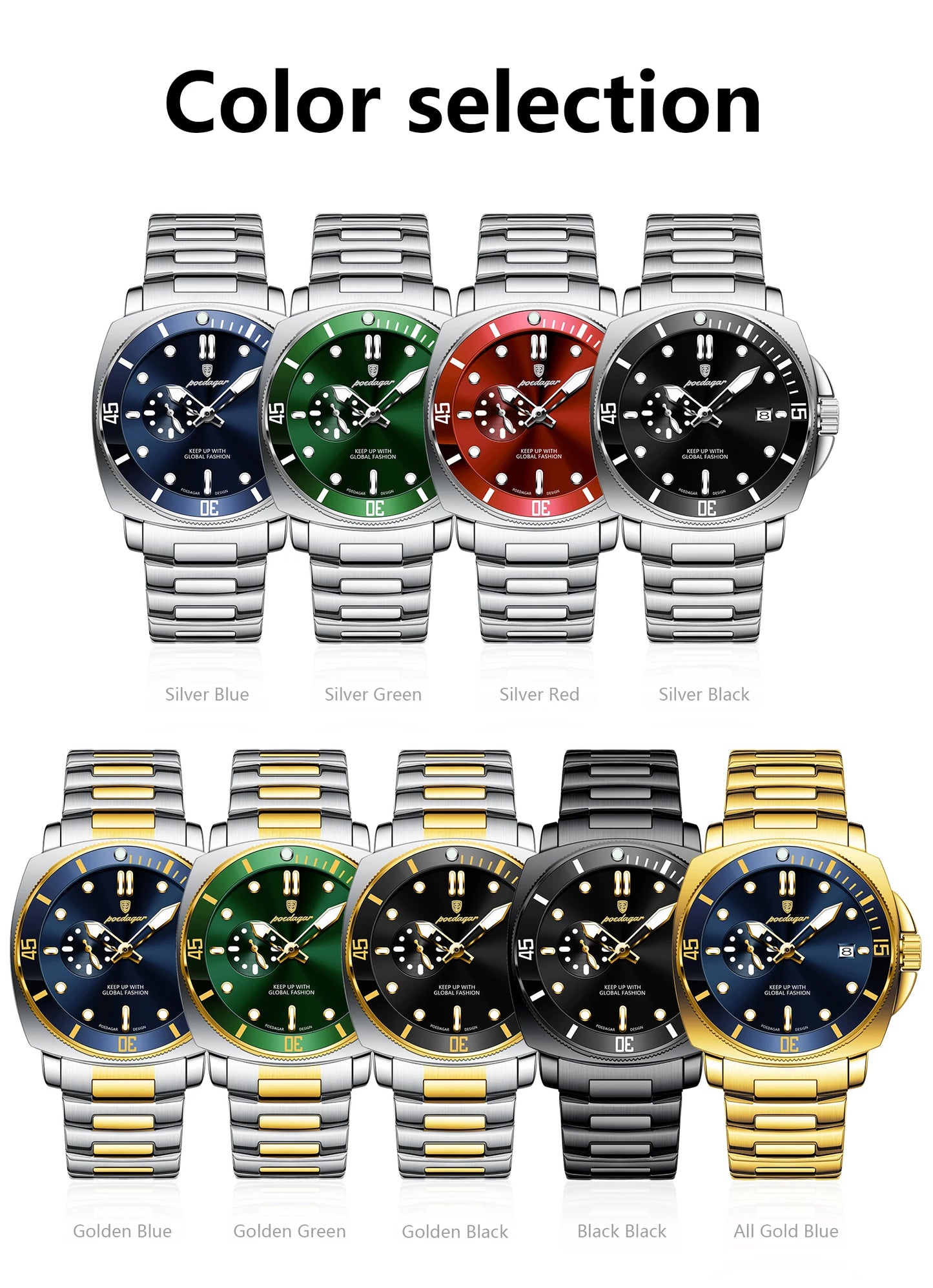 Business Date Watch – Luminous Numberless Dial with Hidden Clasp Bracelet