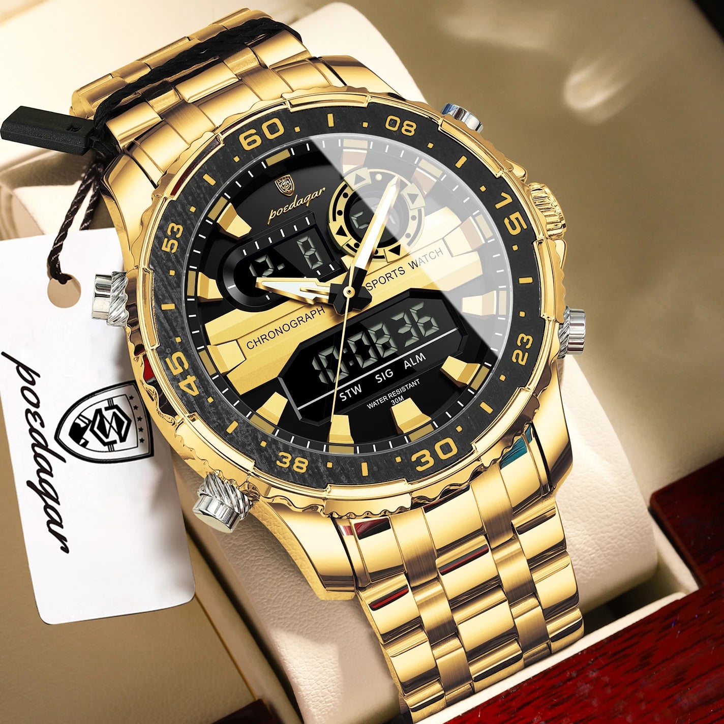 Square Chronograph Watch – Large Numberless Dial with Hidden Clasp Bracelet