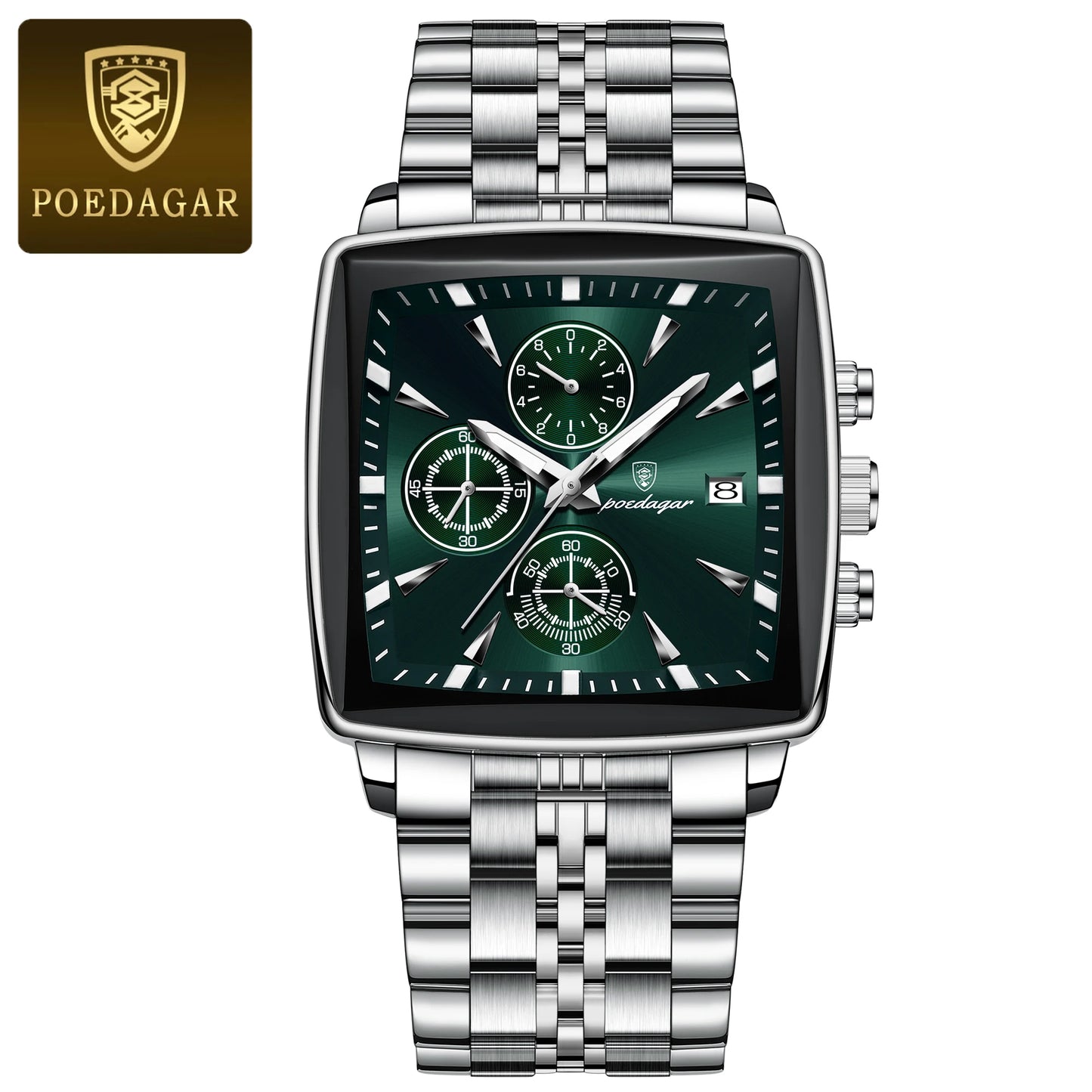 Square Chronograph Watch – Luminous Numberless Dial with Hidden Clasp Bracelet