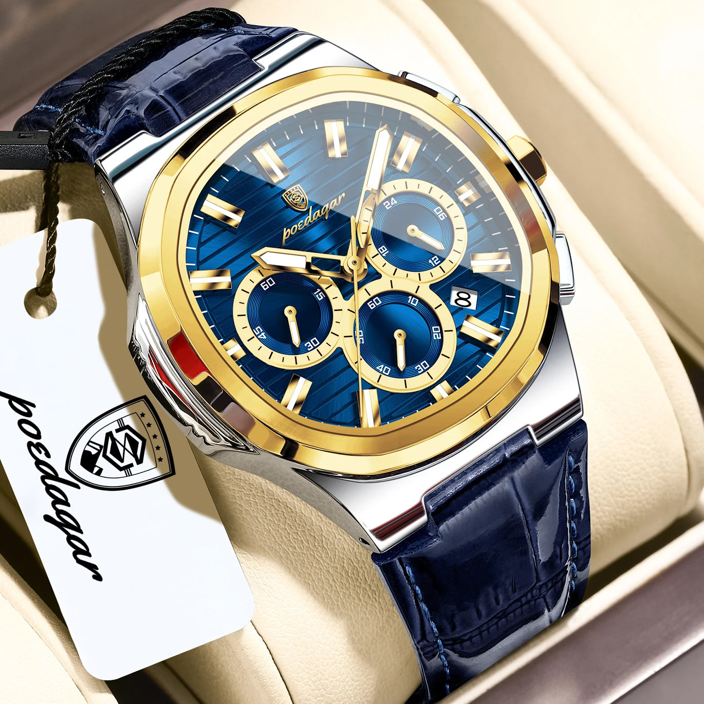Square Chronograph Watch – Luxe Leather Strap with Luminous Dial & Date