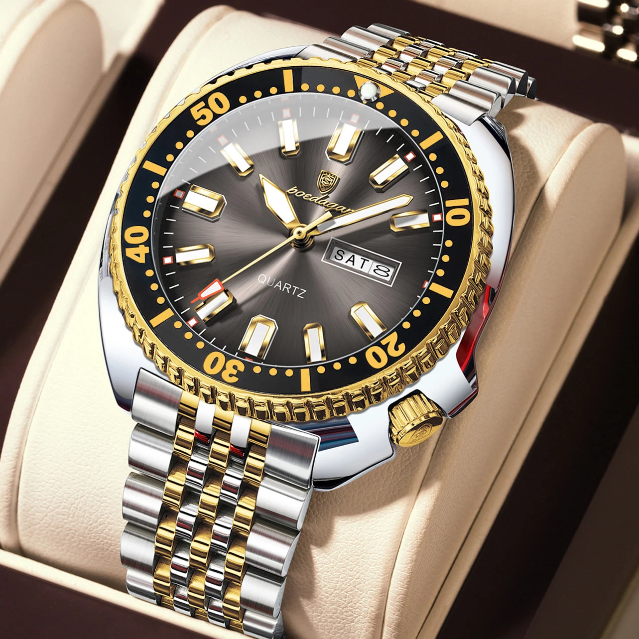 Large Full Calendar Watch – Luminous Numberless Dial with Hidden Clasp Bracelet