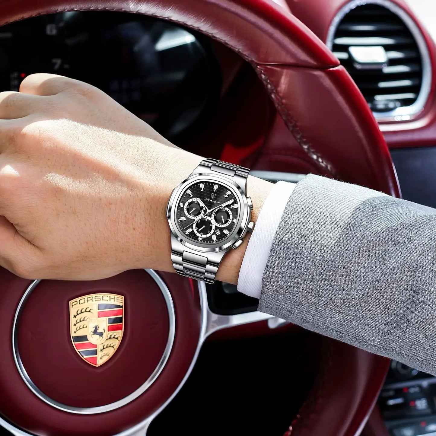 Square Chronograph Watch – Large Numberless Dial with Hidden Clasp Bracelet