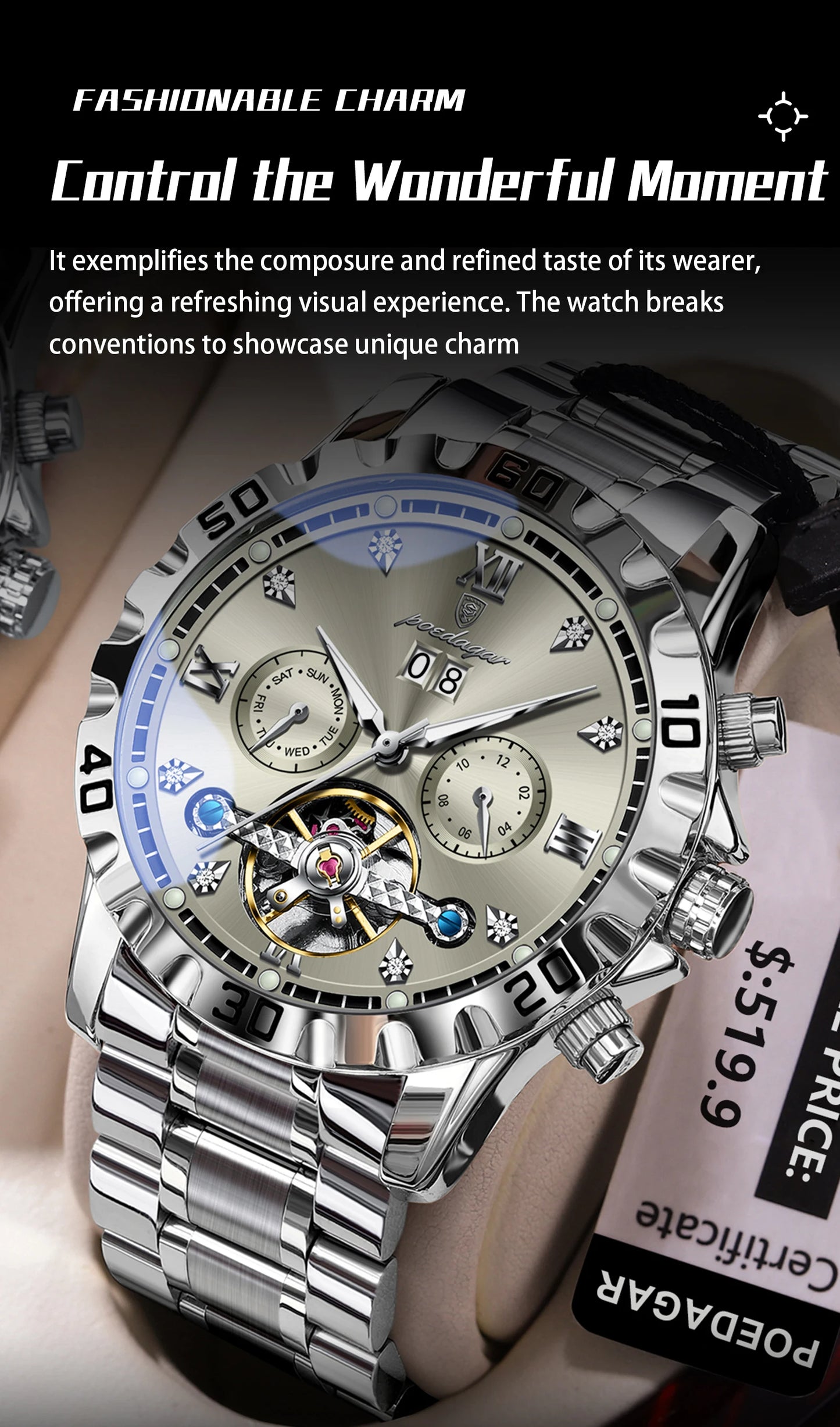 Automatic Tourbillon Style Watch – Sapphire Crystal with Week Display & Hidden Clasp