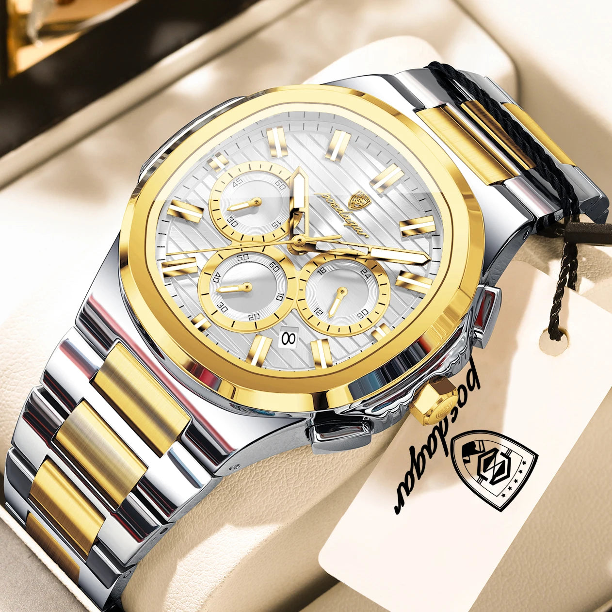 Square Chronograph Watch – Large Numberless Dial with Hidden Clasp Bracelet