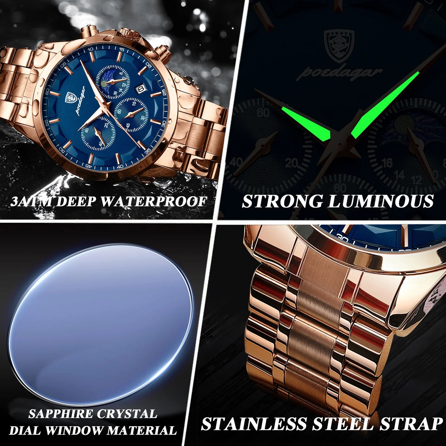 Moon Phase Full Calendar Watch – Luminous Dial with Stainless Steel Bracelet
