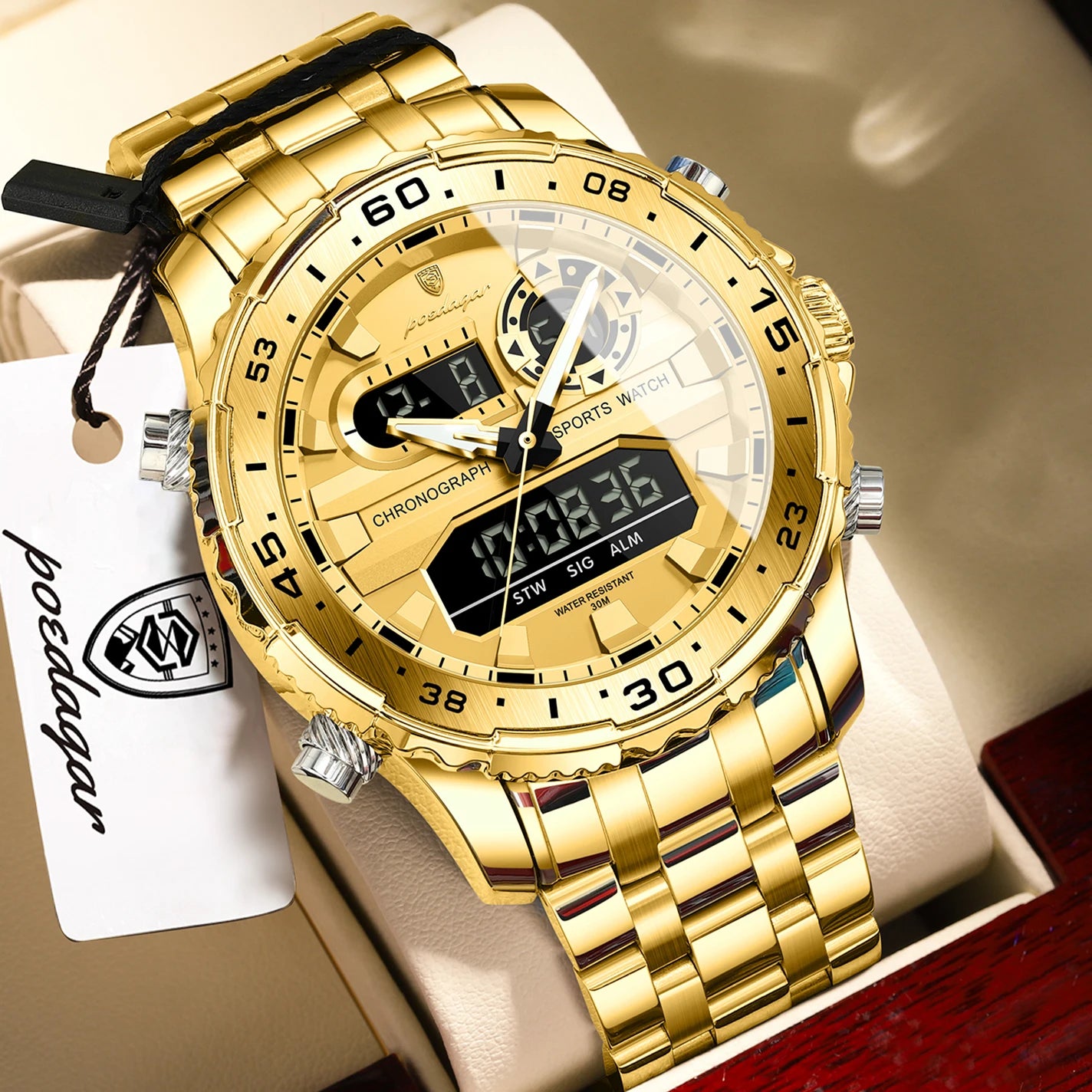 Square Chronograph Watch – Large Numberless Dial with Hidden Clasp Bracelet