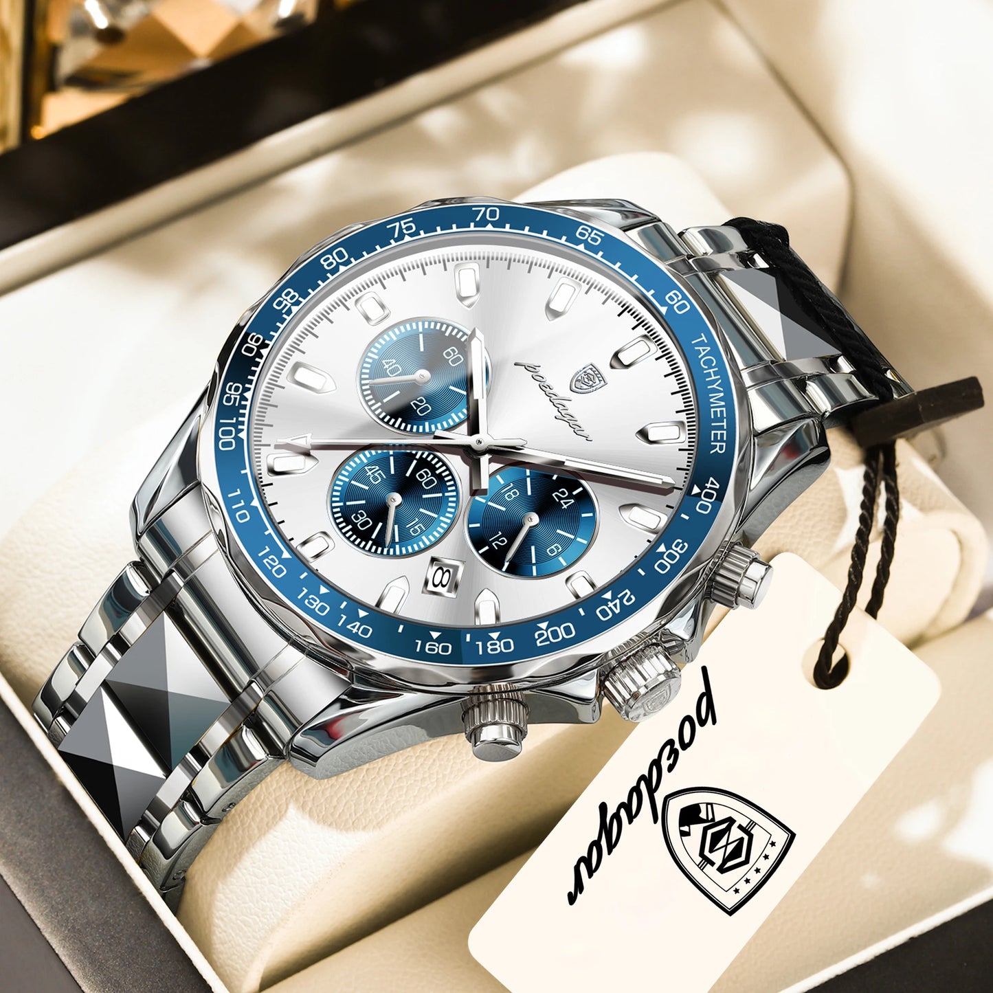Chronograph Business Watch – Luminous Numberless Dial with Hidden Clasp Bracelet