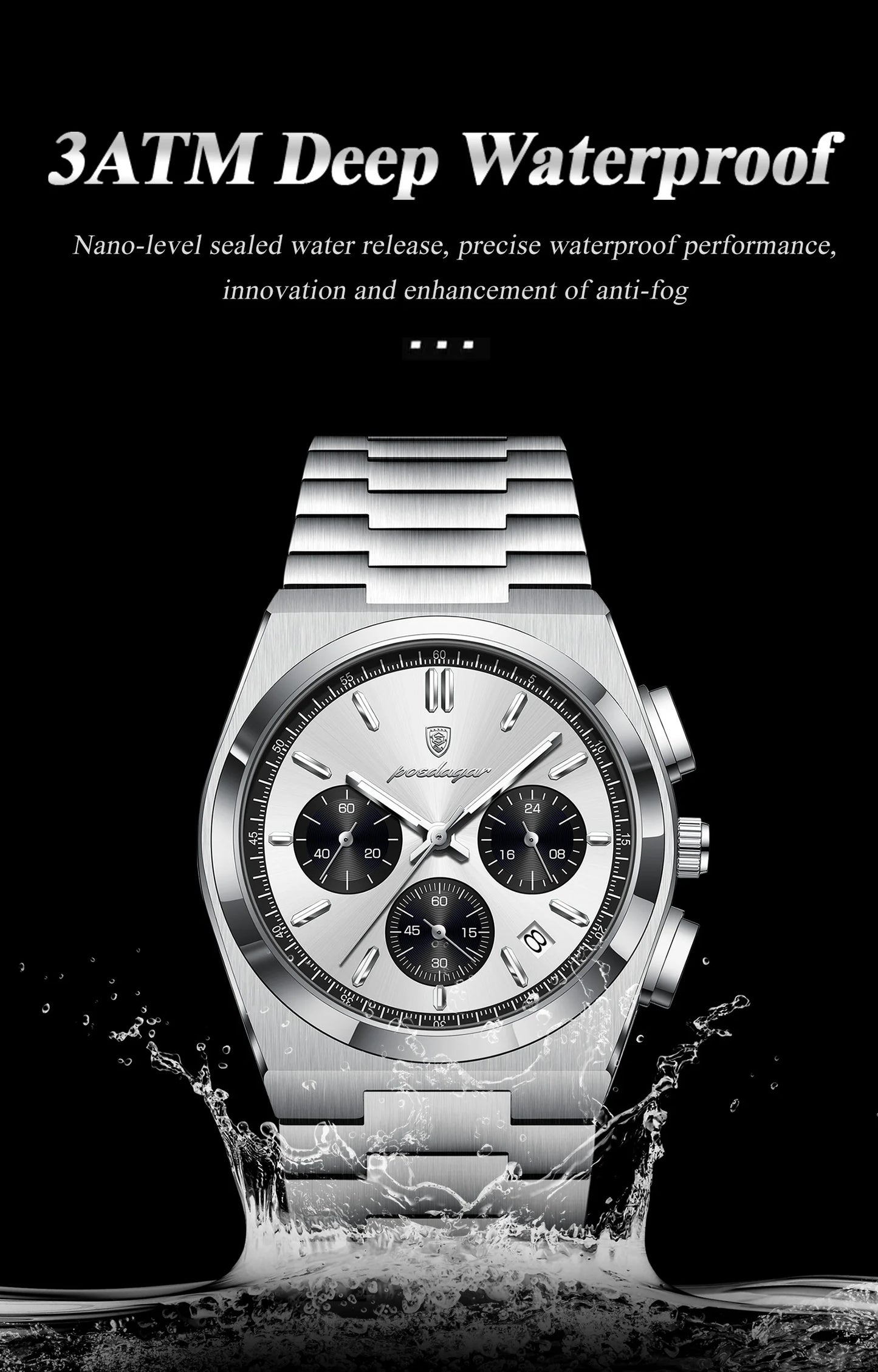 Chronograph Watch – Luminous Numberless Dial with Hidden Clasp